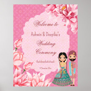 Poster Fleurs de lotus roses avec mignon couple de mariés