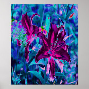 Poster Fleurs de lys orientales abstraites violettes et r