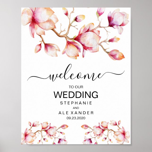 Poster Fleurs de Magnolia rose Aquarelle (Devant)