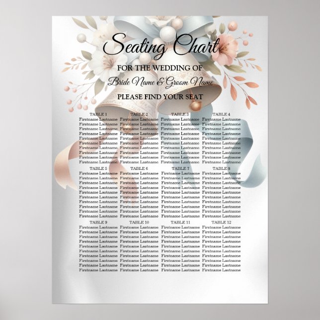 Poster Fleurs de mariage cloches Rubans bleu rose Beau (Devant)