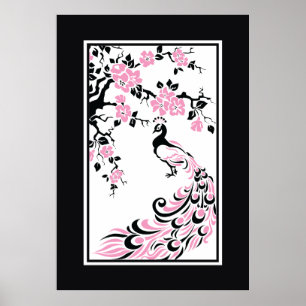 Poster Fleurs de paon noir, rose, blanc et cerisier