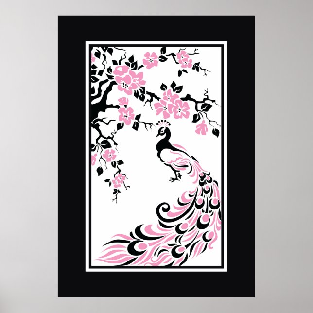 Poster Fleurs de paon noir, rose, blanc et cerisier (Devant)
