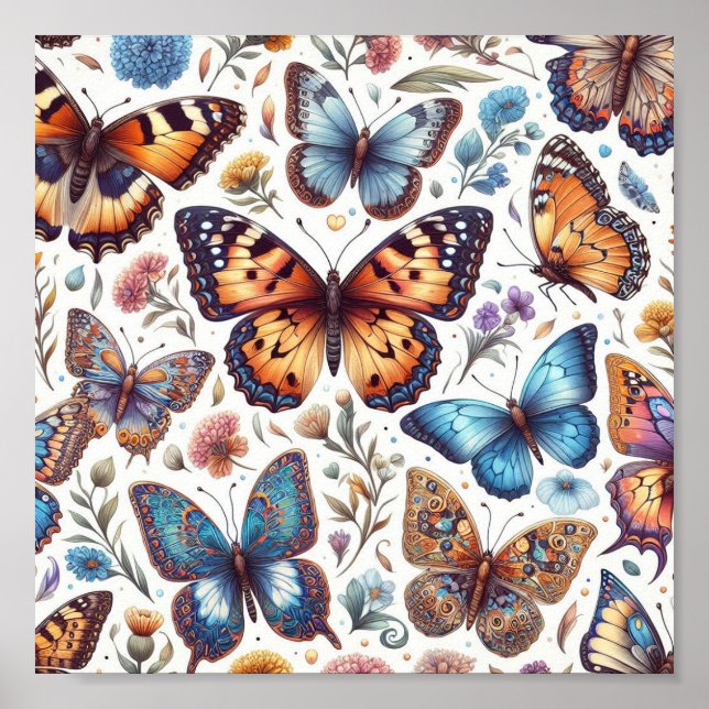 Poster fleurs de papillon motif nature art (Devant)