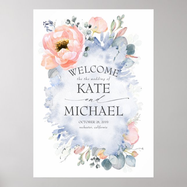 Poster Fleurs de Pêche et verdure Dusty Blue Welcome (Devant)