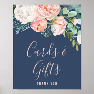 Poster Fleurs de pivoines romantiques Cartes bleues et