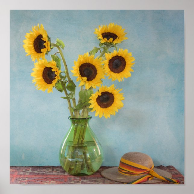 Poster Fleurs de soleil dans le vase sur la table (Devant)