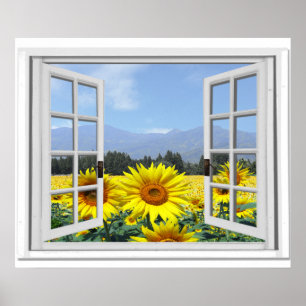 Poster Fleurs de soleil d'été Jardin Vue Faux Fenêtre