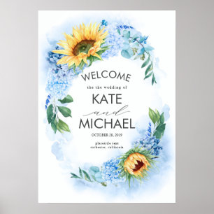 Poster Fleurs de soleil jaunes et Mariage Dusty Blue Hydr