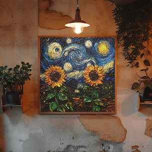 Poster Fleurs de soleil Van Gogh et nuit étoilée