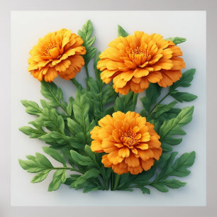 Poster Fleurs de souci orange vif avec des feuilles verte