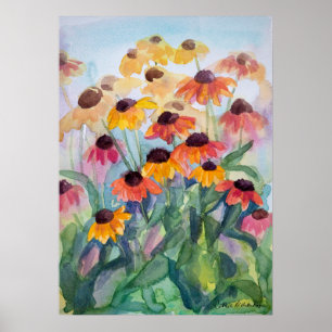 Poster Fleurs d'été à l'aquarelle des jardins de Rudbecki