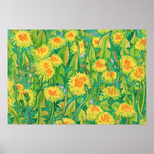 Poster Fleurs d'été en fleurs de Dandelion vert floral ja (Devant)