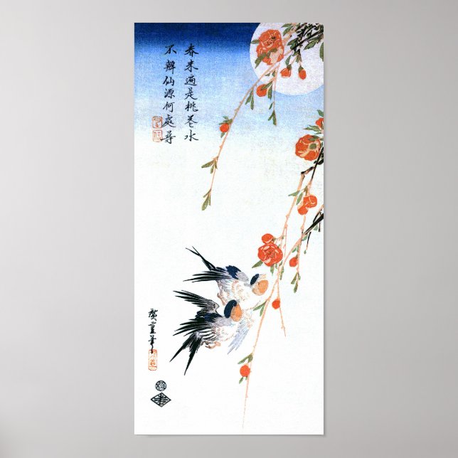Poster Fleurs d'hirondelles et de pêches, Hiroshige japon (Devant)