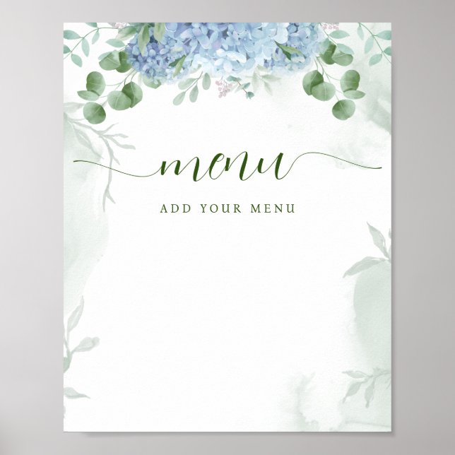 Poster Fleurs d'hortensia bleu Menu Baby Shower (Devant)