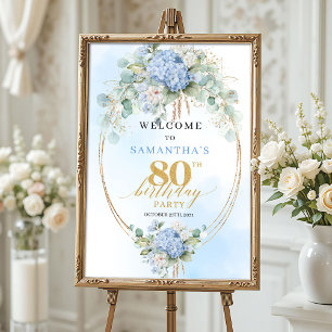 Poster Fleurs d'hortensia bleu pastel 80 ans de bienvenue