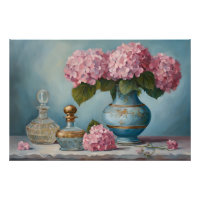 Fleurs d'Hydrangée rose et bouteilles de parfum Vi