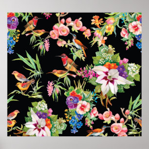 Poster Fleurs d'oiseaux sauvages : Noir Vintage