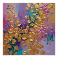 Fleurs D'Or Peintes Sur Lilac Rose Turquoise