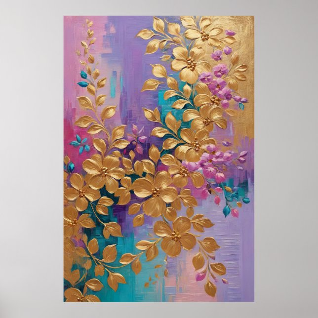 Poster Fleurs D'Or Peintes Sur Lilac Rose Turquoise (Devant)