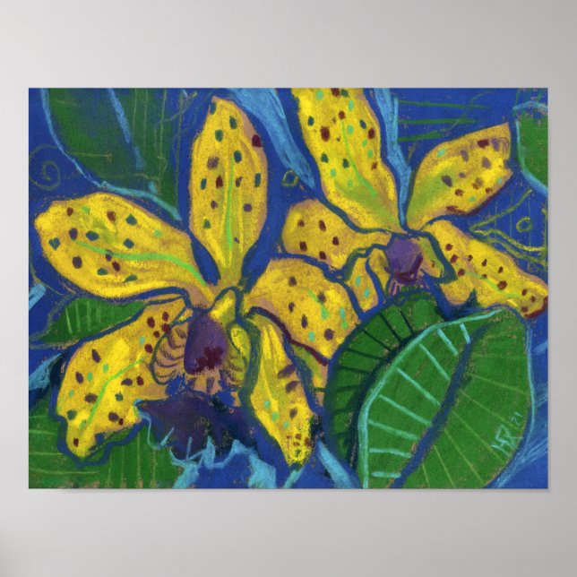 Poster Fleurs d'orchidées jaunes, Peinture pastel Art Flo (Devant)