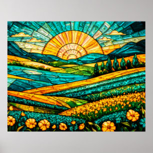 Poster Fleurs dorées Campagne verte Faux vitrail