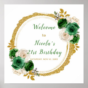 Poster Fleurs élégantes de vert foncé et d'or Fête d'anni