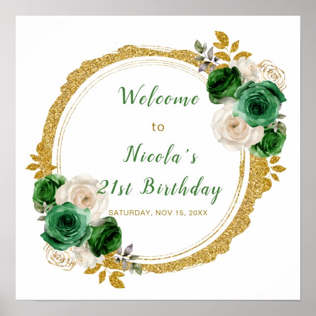 Poster Fleurs élégantes de vert foncé et d'or Fête d'anni (Devant)