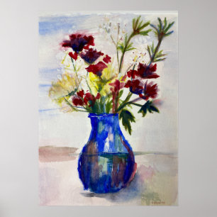Poster Fleurs en bleu Vase Aquarelle Art Imprimer