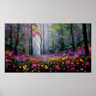 Poster Fleurs épanouies et grands arbres dans une forêt p
