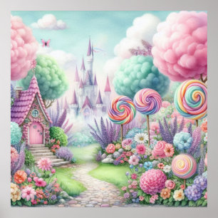 Poster Fleurs et bonbons au pays des fées pastel aquarell
