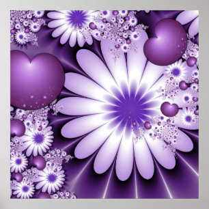 Poster Fleurs et cœurs abstraits de l'amour fractal