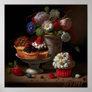 Poster Fleurs et Cupcakes Still Life Art
