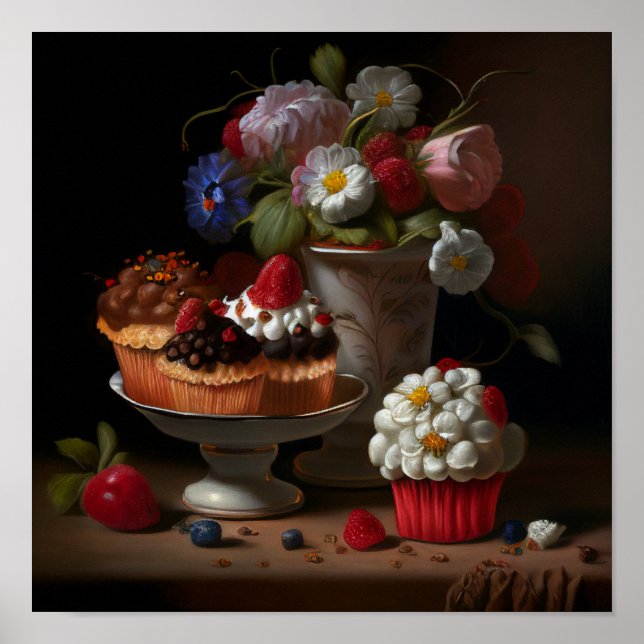 Poster Fleurs et Cupcakes Still Life Art (Devant)