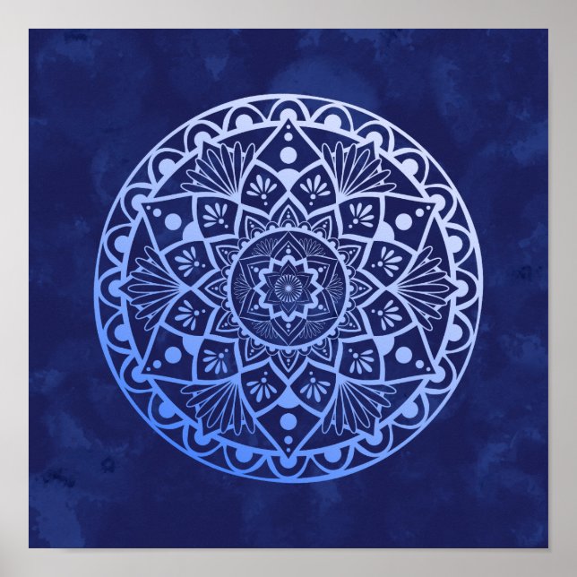 Poster Fleurs et points Mandala - Blue Gradient Print (Devant)