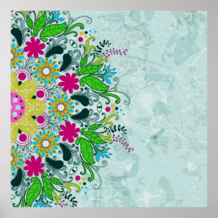 Poster Fleurs et tourbillons colorés rétro.