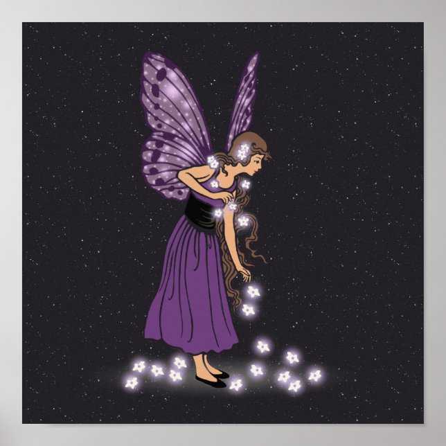 Poster Fleurs Étoiles brillantes Jolie Fille Fée Violette (Devant)