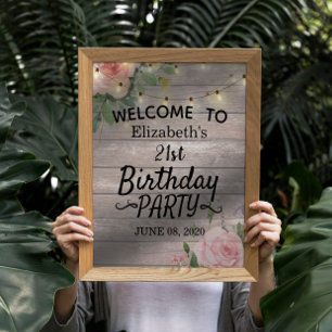 Poster Fleurs Fête Anniversaire Bois Chaîne Lumières Bien