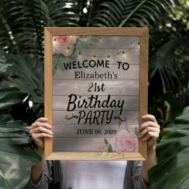 Poster Fleurs Fête Anniversaire Bois Chaîne Lumières Bien (Créateur téléchargé)