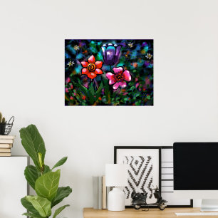 Poster Fleurs florales blanches bleu rose