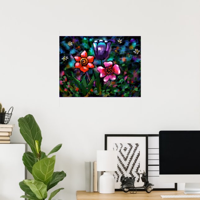 Poster Fleurs florales blanches bleu rose (Bureau à domicile)