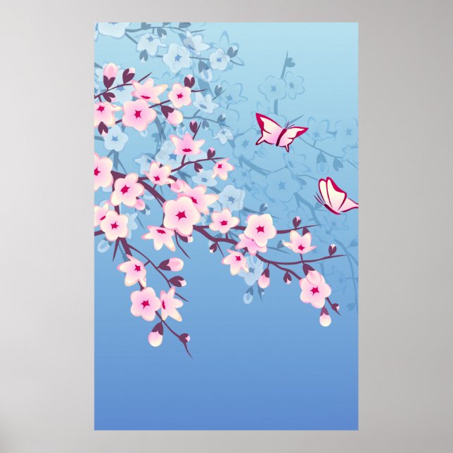 Poster Fleurs florales de cerisier bleu rose (Devant)