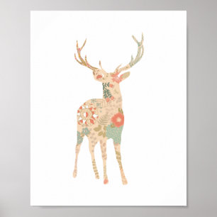 Poster Fleurs florales de silhouette de cerfs communs