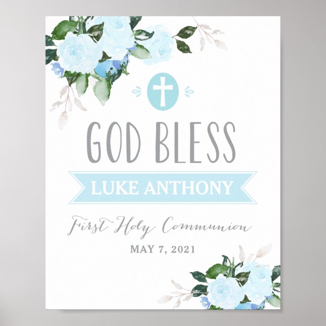 Poster Fleurs florales Dieu Béni Communion Signal Bleu (Devant)