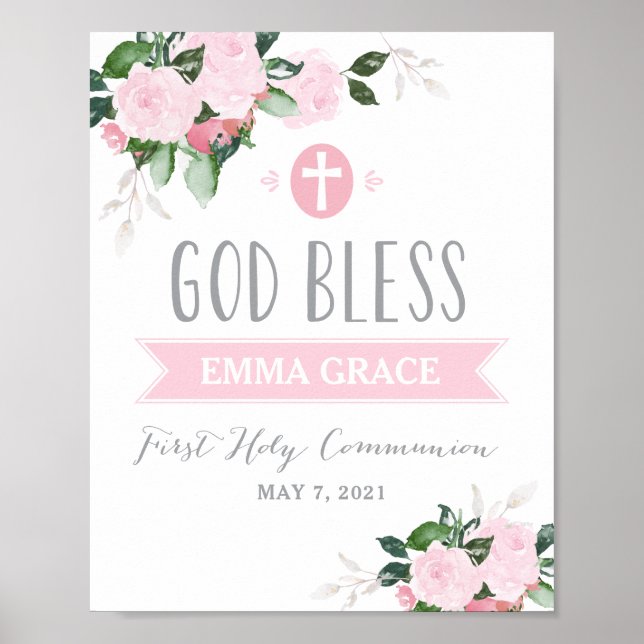 Poster Fleurs florales Dieu béni Communion signe rose (Devant)