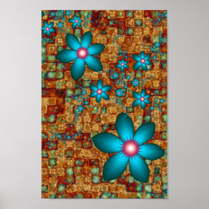 Poster Fleurs fractales turquoise