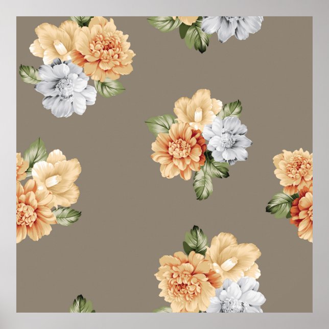 Poster fleurs grises et crème avec bouquets feuille motif (Devant)