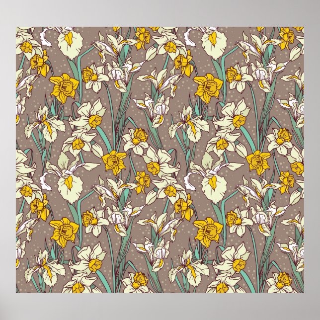 Poster Fleurs Iris Narcissus Vintage sans fil (Devant)