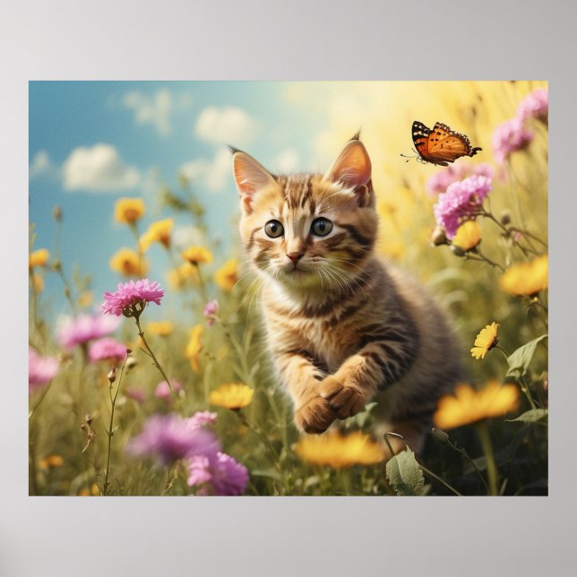 Poster *~*  Fleurs Kitty 5:4  Chat Chatte Papillon AP68 (Devant)