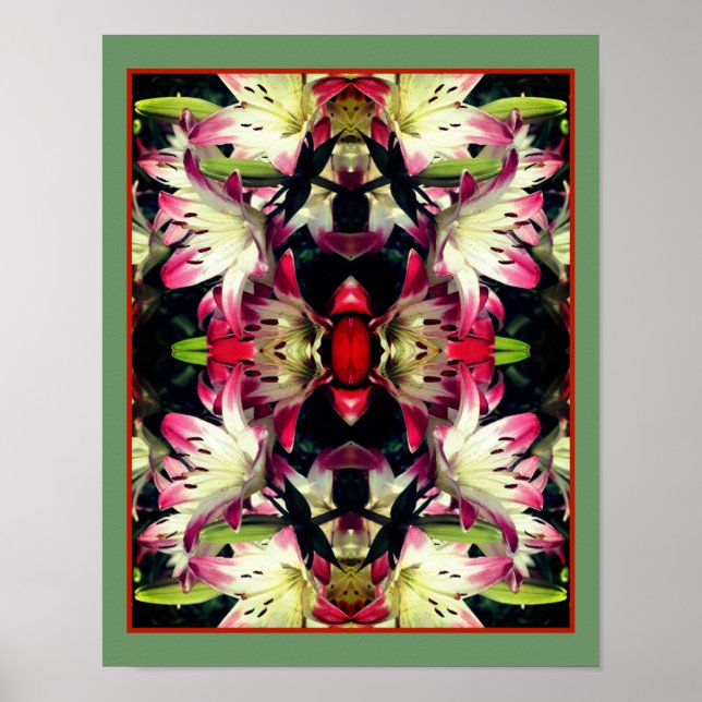 Poster Fleurs Lys Rouge Et Blanc Miroir Abstrait (Devant)