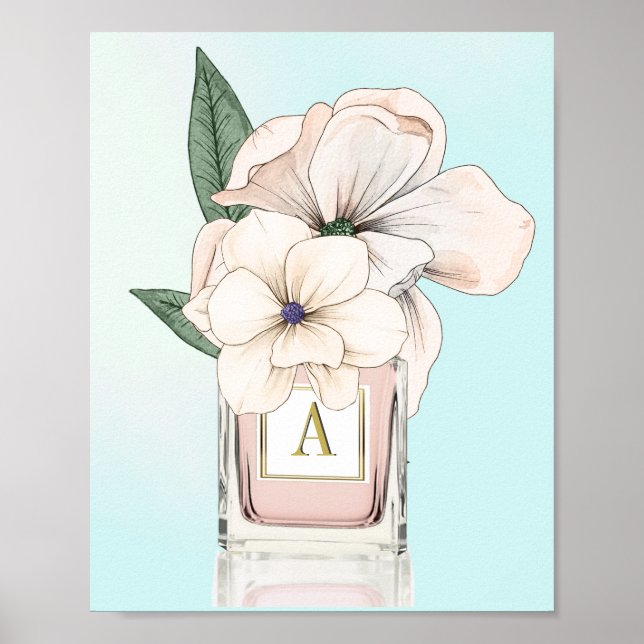 Poster Fleurs Magnolia Élégante Bouteille de parfum Monog (Devant)